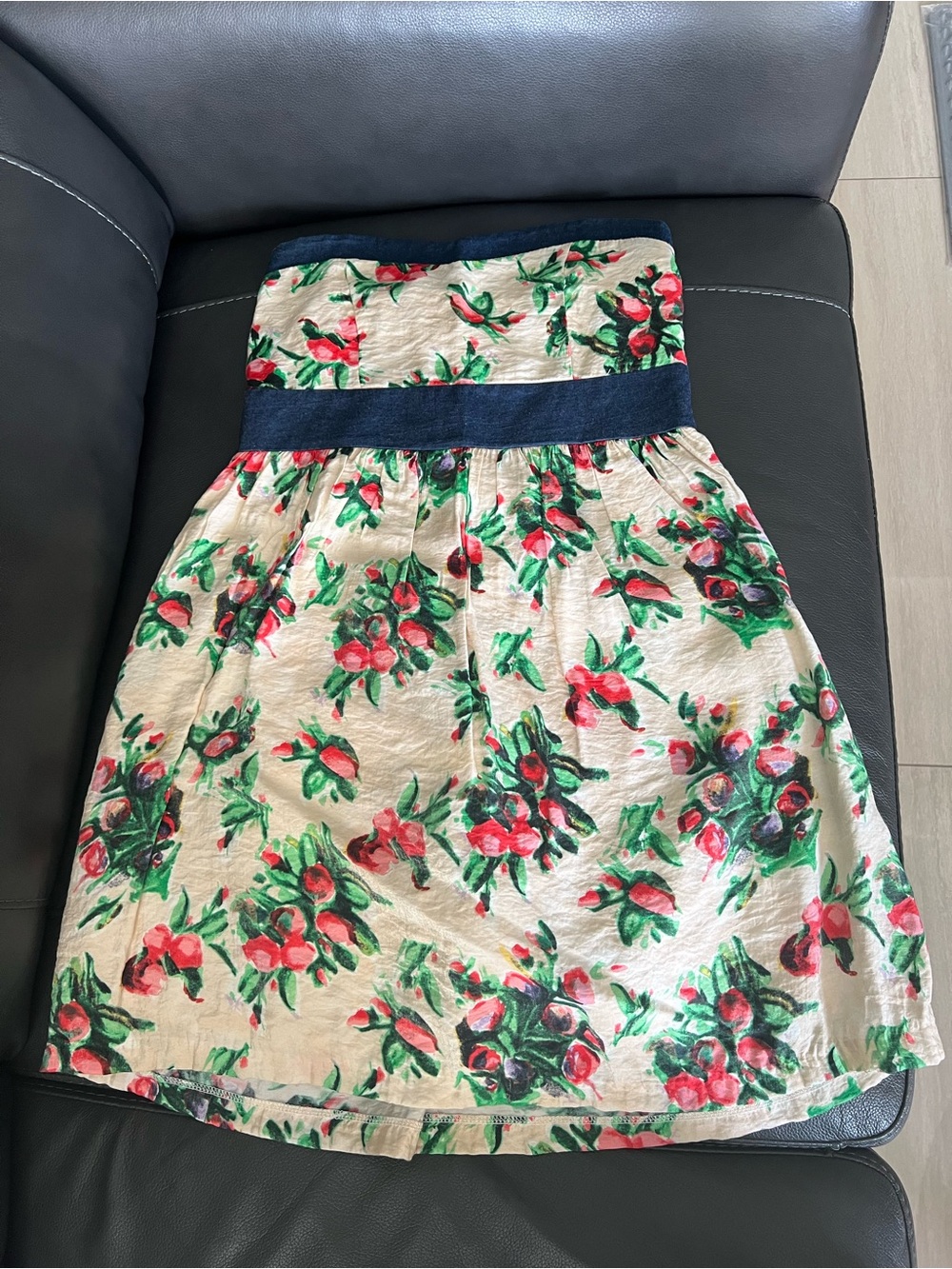 Floral Strapless Dress in Cream with Red & Green Bloom